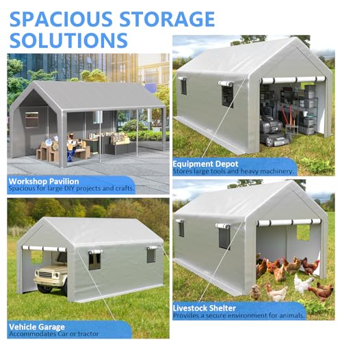 Carport 10x20 ft Heavy Duty with Roll-up Windows, Portable Garage with Removable Sidewalls & Doors, Car Canopy with Sandbags All-Season Tarp for Car Boat Truck Motorcycle