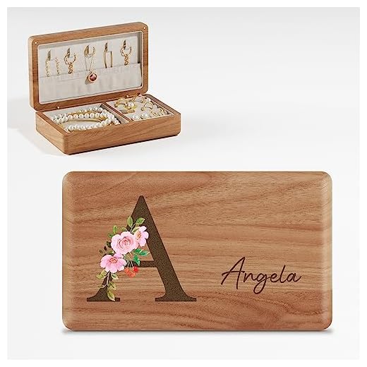 iDIY Joyero personalizado de madera con nombre y flor del mes de nacimiento, organizador para anillos collares pendientes, regalo original para mujer, madre de cumpleaños