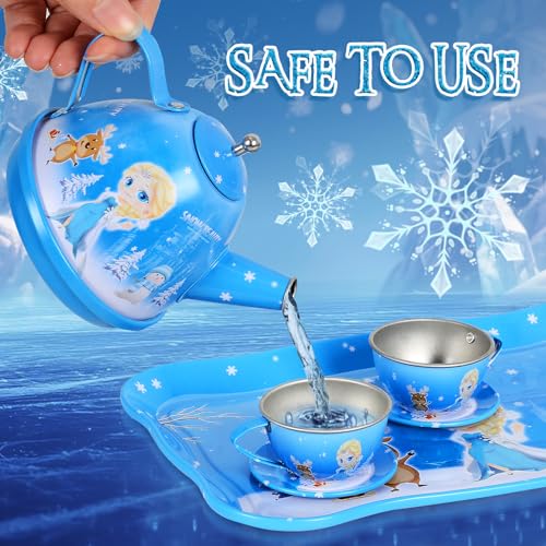 55Pcs Teeservice Kinder mit Dessert Rollenspiele, Teeparty Spielküche Rollenspiele mit Tragekoffer für 3-8 Jahre Alte Kreative Geburtstagsgeschenke mit Krone,fünfteiliger Halskette,Handtasche,Blaues