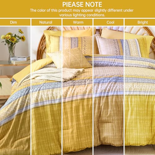 Image of Boho Queen Comforter Size Set, 8 Pieces Yellow Striped Texture Bed in a Bag Bedding Sets, Lightweight Soft Bohemian Comforter and Sheet Set, All Season Microfiber Teen Boys Bedding Sets for Men Women