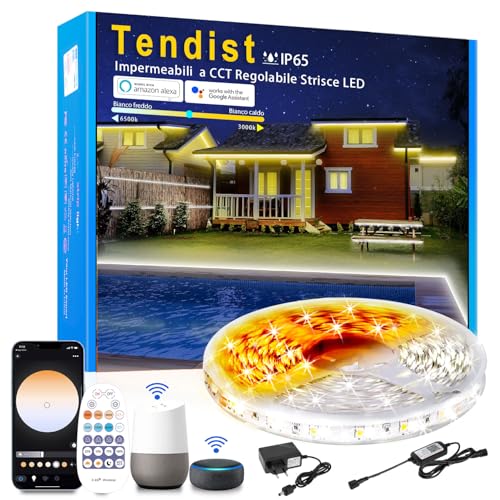 TENDIST Striscia Led 15M Esterno Da Bianco Caldo a Bianco Freddo, Striscia Led Impermeabile Dimmerabile 24v Alexa Compatibile Bianco, Striscia Led Alta Luminosità Adesive Per Luci Esterne, Cucina