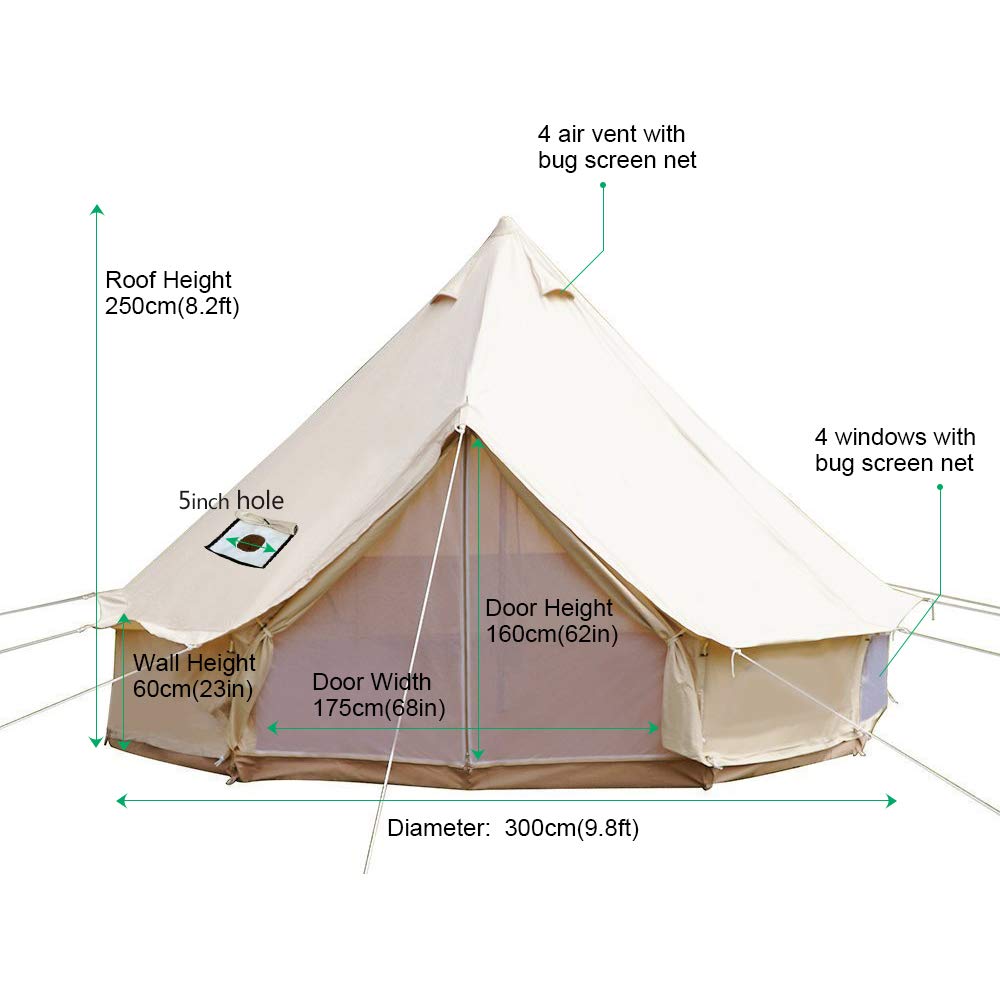 PlayDo 3M/9.8ft 4 Season Cotton Canvas Bell Tent Camping Yurt Tent Huning Wall Tent with Top Stove Hole for 2 Person