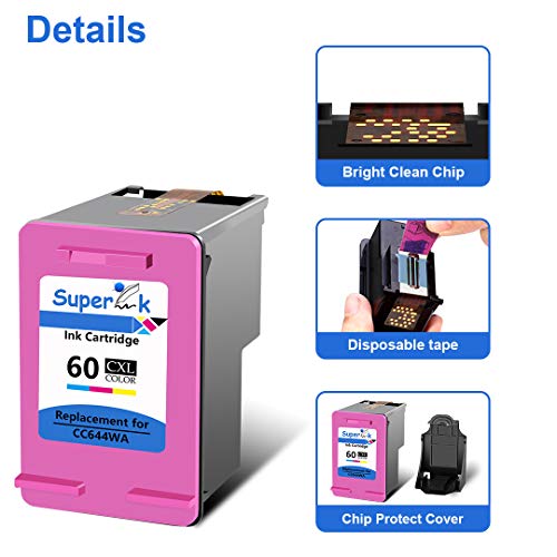 Superink Remanufactured 60Xl 60 Xl Cc641Wn Cc644Wn Ink Cartridge Replacement Compatible For Hp Photosmart C4680 D110 Deskjet D2680 D1660 D2530 F2430 F4210 Printer (1 Black 1 Tri-Color) #TOP3