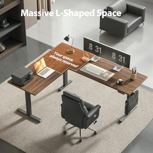 Image of Agilestic Triple Motors 73 inch x 60 inch L Shaped Standing Desk, Electric Standing Desk Adjustable Height, Extra Large Desktop Corner Table for Home Office, Gaming Workstation, Splice Board, Dark Walnut