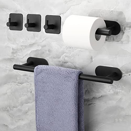Black Towel Rail Set,JiGiU 5 Pieces Self Adhesive Bathroom Hardware Kit 16 inch Hand Towel Holder,Toilet Paper Holder & 3 Towel Hook SUS304 Stainless Steel Towel Bar No Drilling Bathroom Accessories