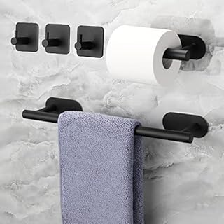 Black Towel Rail Set,JiGiU 5 Pieces Self Adhesive Bathroom Hardware Kit 16 inch Hand Towel Holder,Toilet Paper Holder & 3 Towel Hook SUS304 Stainless Steel Towel Bar No Drilling Bathroom Accessories