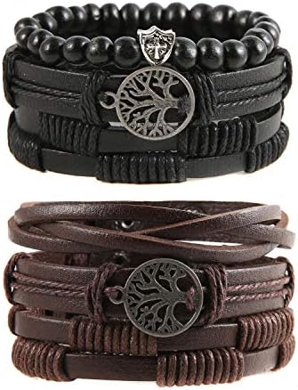 HZMAN Genuine Leather Tree of life Bracelets Men Women, Tiger Eye Natural Stone Lava Rock Beads Ethnic Tribal Elastic Bracelets Wristbands (6 Pcs)