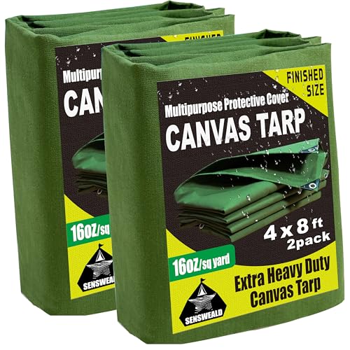 2 Pack Heavy Duty Canvas Tarp 4x8 Feet 16oz Water-Resistant Canvas Cover with Grommets?Tear Resistant, Durable, Multipurpose Protective Green Tarp for Camping, Tent, Car
