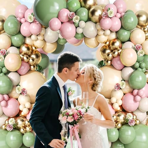 Sage Green Pink Balloon Arch Kit, Olive Green Light Pink Nude Sand White Gold Metallic Chrome Latex Balloons for Bridal Shower Wedding Birthday Baby Shower Party Decoration by Vanjehou - Used condition - Image 6