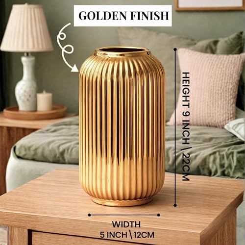 Image of Art Street Modern Ribbed Ceramic Flower Vase | Matte Golden Decorative Boho Vase for Living Room, Bedroom & Office Dcor - (Flower not Included) 5x9 Inch