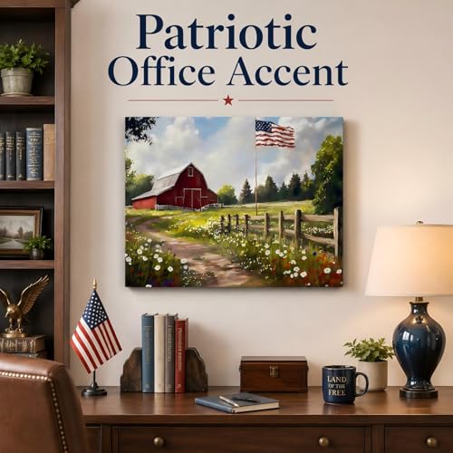 Image of RIBNTAK Farmhouse Red Barn & American Flag Canvas Print, Rustic Wildflower Meadow Patriotic Wall Art, 4th of July Holiday Decoration for Home, Office & Rustic Interiors, Made in USA
