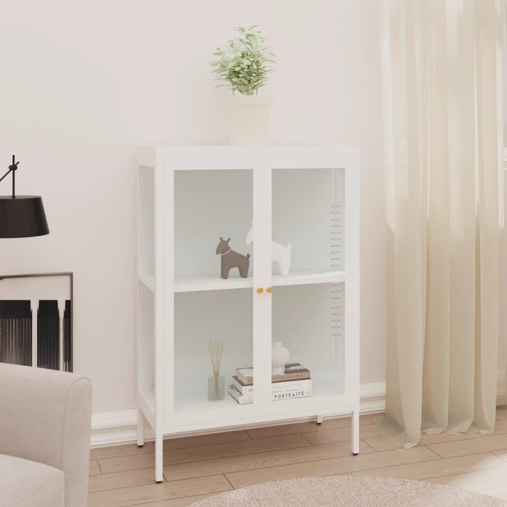 Aparador blanco de 75 x 35 x 105 cm, de acero con recubrimiento en polvo y cristal templado, con estantes ajustables, ideal como armario de almacenamiento para salón y cocina