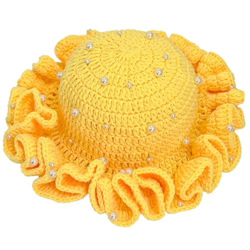 Hshsclth Women Starry Pearl Crochet Hat Handmade Beaded Trim Knitted Bucket Hats Solid Color Fashion Ruffled Brim Bucket Hat (US Alpha One Size Yellow)