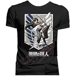Attack on Titan - Eren & Shield - Camiseta Oficial Hombre - Negro, XL