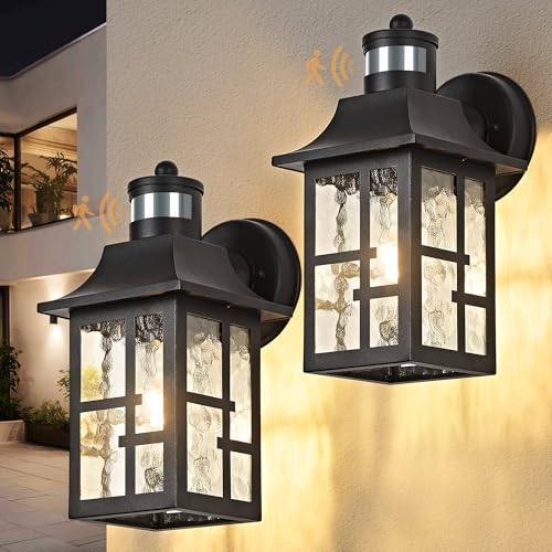 Image of OKELI Outdoor Wall Lights with Motion Sensor, Exterior Waterproof Lantern, Front Porch Sconce Lighting with Water Ripple Glass Shade, Anti-Rust Wall Lamps Outside Lights for Garage (Black-2pack)