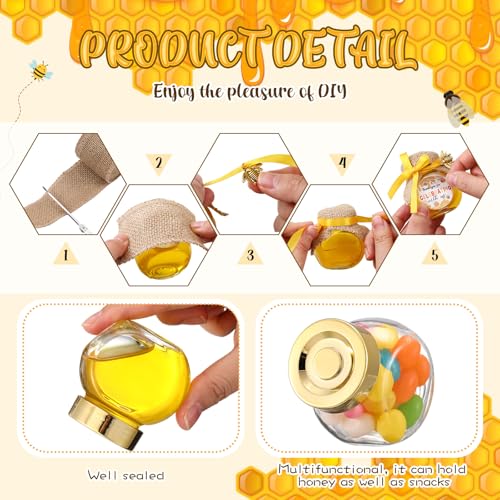 Funnymoom 30 Sets Mini Glass Honey Jars 1.5 oz Honey Jars Party Favors in Bulk with Dipper and Gold Lid, Bee Charm, Stickers and Silk Ribbon for Bee Themed Guests Wedding Baby Shower Favors