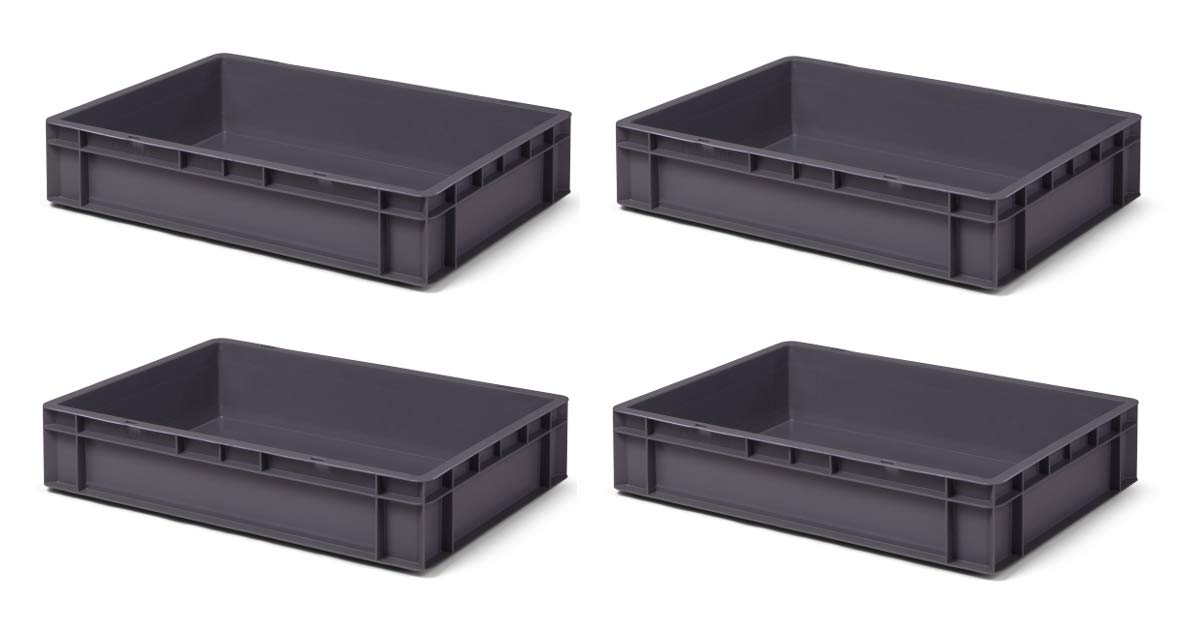 4 Stk. Transport-Stapelkasten TK612-0, grau, 600x400x120 mm (LxBxH), aus PP, Volumen: 22 Liter, Traglast: 40 kg, lebensmittelecht, made in Germany, Industriequalität