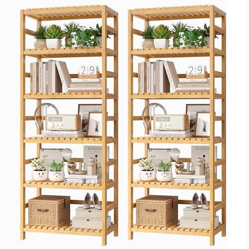 FOTOSOK 6-Tier Bamboo Shelf Set of 2 Bamboo Bookcase with Adjustable Shelves Free Standing Storage Shelf Unit and Plant Flower Stand Tall Large Bookshelf for Kitchen Bathroom Home Office Natural