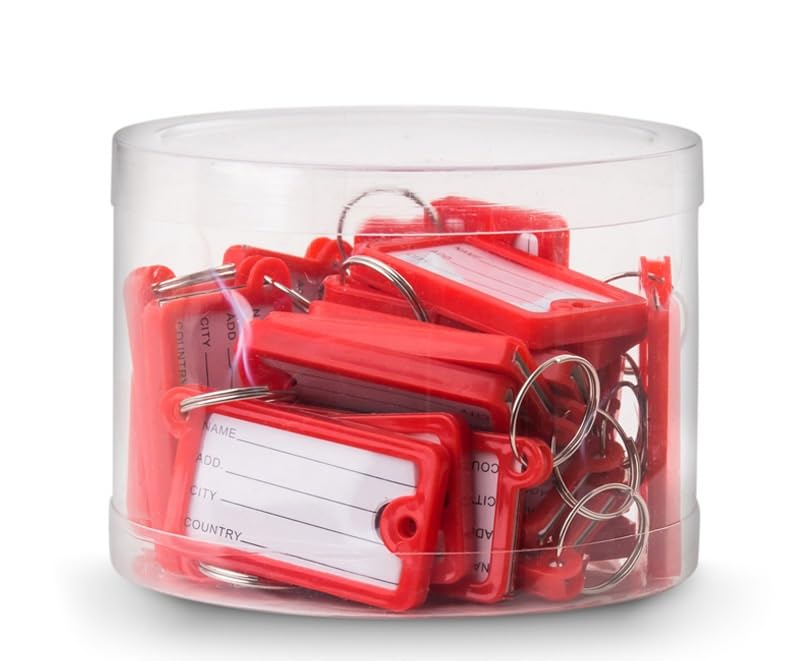 Rubik Large Plastic Key Tags with Labels 30pcs Pack, Durable Key Rings with Labels For Keys Identification, Luggage, Hotels (Red)