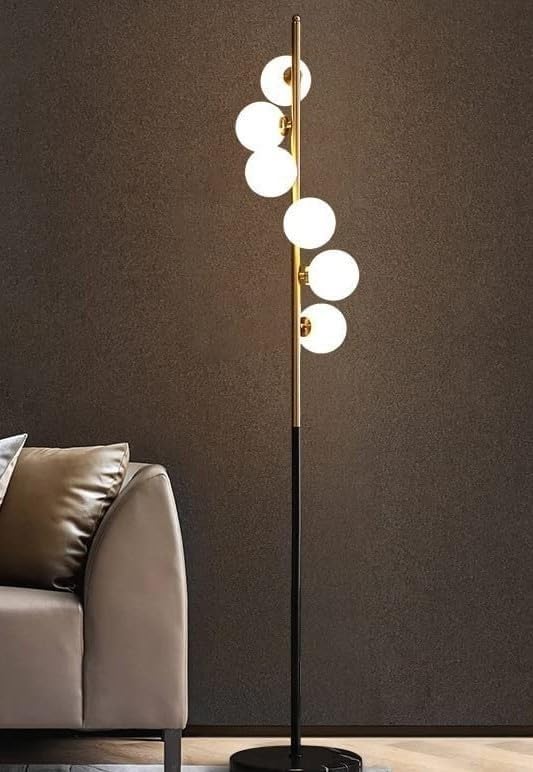 Image of Modern Black and Gold Floor Lamp, Tall Slim Design with 6 Globe Lights, 3-Color LED (Natural White, Warm White, Cool White), Stylish Standing Lamp for Living Room, Bedroom, Office