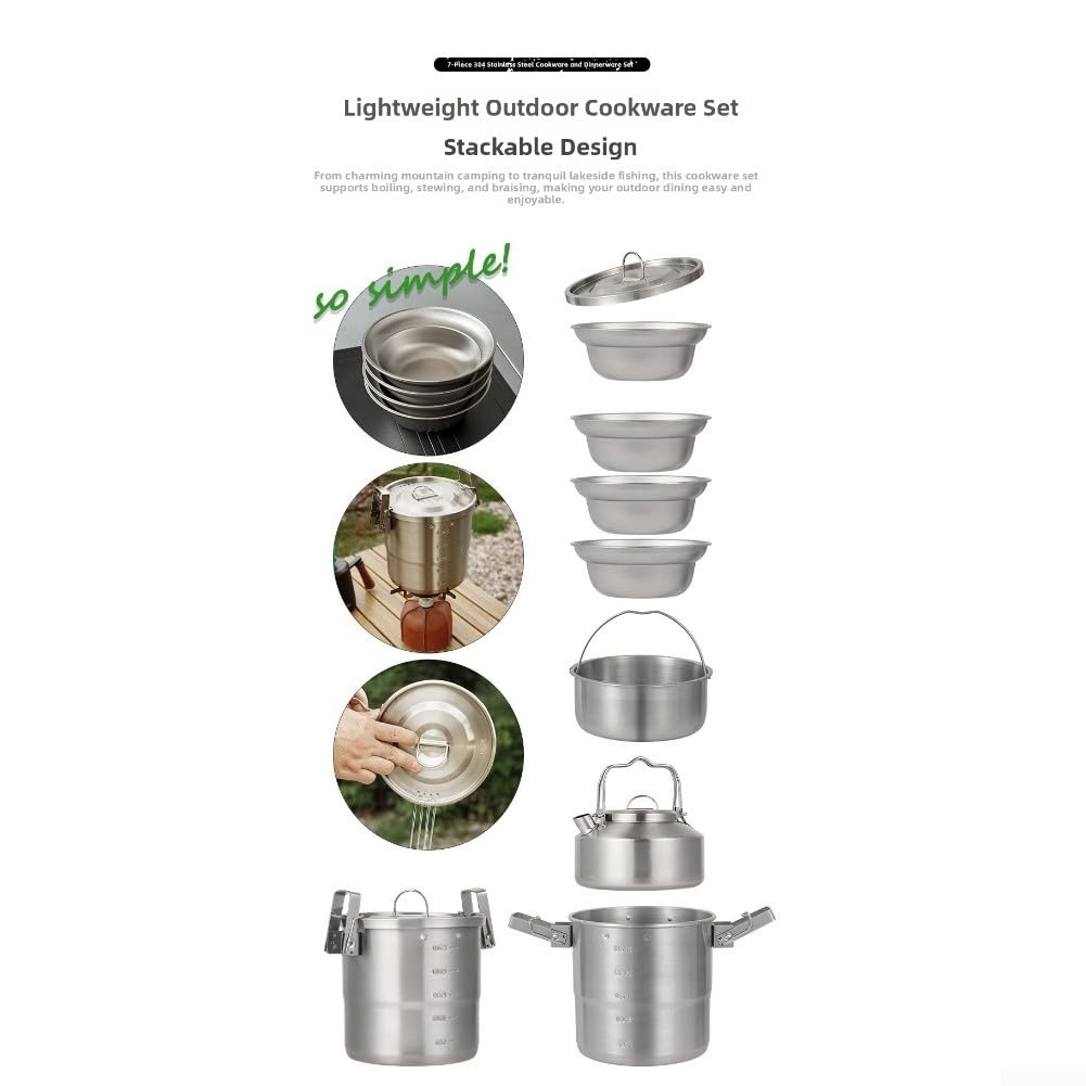 Camping-Kochgeschirr-Set aus 304 Edelstahl, leichte Kochtöpfe mit Wasserkocher und Schalen, große Kapazität, Wanderausrüstung für Familien-Gruppenpicknick, inklusive Netz-Aufbewahrungstasche
