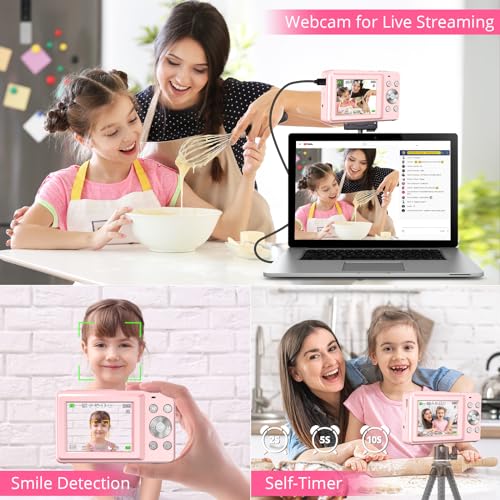 Digital Camera, 2024 Newest FHD 1080P Digital Camera for Kids with 16X Zoom, Flashlight, 32GB Card, 44MP Point and Shoot Camera Compact Small Digital Camera for Teens, Girls, Boys, Students - Pink