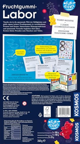 KOSMOS 658106 Fun Science - Fruchtgummi-Labor, vegane Süßigkeiten herstellen, Ostergeschenk, Verschiedene Geschmacksrichtungen und Formen, Gummi-Bonbons selber Machen, DIY-Set für Kinder 8-12 Jahre