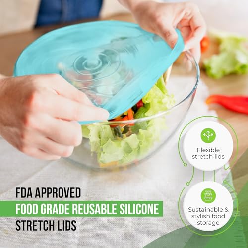 Image of Reusable Silicone Stretch Lids for Food Storage in Fridge - Elastic Heat-Resistant Bowl Covers, Cups, Cans, Jars - Universal Food Grade Lid for Containers - 7 Pack - Light Green Stretchy Lid Set