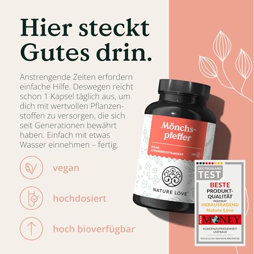 NATURE LOVE® Mönchspfeffer Kapseln - 240 Stück - 4:1 Extrakt aus Original Vitex Agnus Castus - Hochdosiert mit 10mg je Kapsel, Ohne unnötige Zusätze, vegan, laborgeprüft, in Deutschland produziert 4