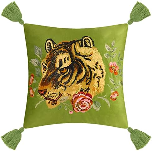 JWH Tiger Velvet Throw Pillow Cover Decorative Flower Emboidered Accent Pillow Case Printed Cushion Green Pillowcase for Bed Living Room Couch Bedroom Decor Cute Tassel Shams 18x18 Colorful Yellow