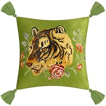 JWH Tiger Velvet Throw Pillow Cover Decorative Flower Embroidered Accent Cushion Case Print Pillowcase for Bed Living Room Couch Bedroom 18x18 Inch Green Tassel