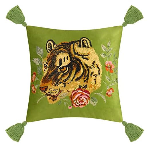 JWH Tiger Velvet Throw Pillow Cover Decorative Colorful Flower Emboidered Accent Pillow Case Print Cushion Soft Pillowcase Bed Living Room Couch Bedroom Decor Tassel 18x18 Inches Green