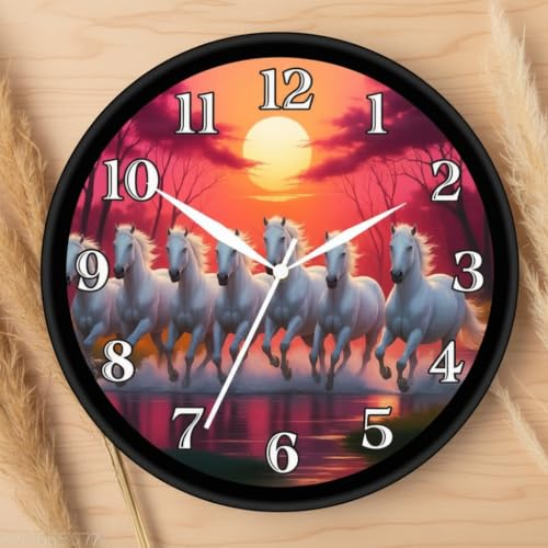 Image of Lucky 7 Running White Horses Vastu Wall Clock for Living Room & Home Decor | Round Analog Silent Non-Ticking Sunrise Watch | Feng Shui Decorative Timepiece for Office, Black Frame