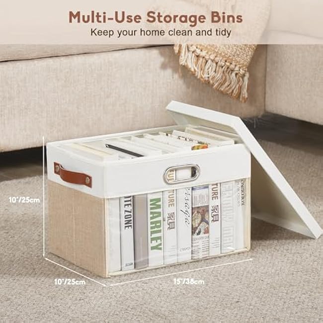 Fabric Clear Window Storage Bins with Lid, Closet Storage Box Linen Closet Baskets with 3 Handles for Organizing Clothing, Jeans, Shelves 15''- 3 Pack (Beige and White)