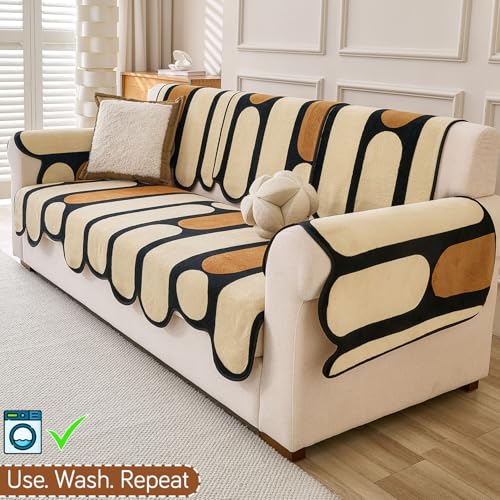 Image of HOKIPO 'Moderna Curves' Complete Sofa Cover Set (Seat+Back+Arm) for 3 Seater Sofa | All Season Sofa Cover Mat with Anti Slip Backing, Oyster Beige (AR-6125+AR-6120 * 2+AR-6309 * 3)