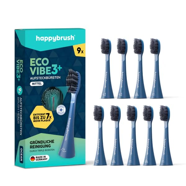 happybrush Aufsteckbürsten 9 Stück für elektrische Schallzahnbürste VIBE 3 | Wechselköpfe mit Icons zur Unterscheidung | Original Ersatzbürsten mit abgerundeten Borsten(Blau/Ocean)