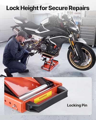 Image of VEVOR Motorcycle Lift, 1500 lbs Motorcycle Scissor Lift Jack with Wide Deck & Lock Pin, 4.13 inch-13.77 inch Center Hoist Crank Stand, Steel Scissor Jack for Street Bikes, Cruiser Bikes, Touring Motorcycles