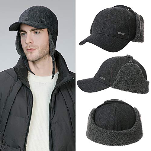 Jeff & Aimy Herringbone Tweed Wool Mens Winter Hat Womens Baseball Cap With Fleece Ear Flaps Muffs Warm Lined Trapper Hunting Ski Chavo Del Cold Weather Hat 56-58Cm Black #TOP2