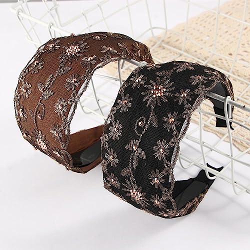Leadigol 3 Pcs Lace Wide Floral Pearl Embroidery Headbands for Women, Crystal Korean Trendy Simple Flower Headwear