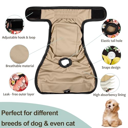 Image of Washable Female Dog Diapers (5 Pack) - Doggie Reusable Large Dog Diapers for Doggy Puppy Female in Period - Highly Absorbent Dog Heat Panties,S Plus,Flowers