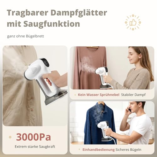Steamer Dampfglätter mit Saugfunktion, 3000Pa Saugleistung Großer Abnehmbar Wassertank Tragbares Reisebügeleisen mit Dampffunktion 3-Modus, Dampfleistung 20g/min Faltenfreie Ergebnisse (340 ML)