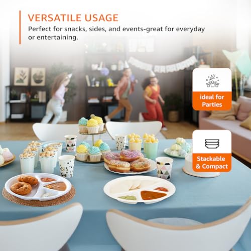 Image of Amazon Basics 4-Compartment Bagasse Disposable Round Plates | 11 Inch - Pack of 50 | Biodegradable | Leak-Resistant | Hot & Cold Food Safe | Eco-Friendly | Party, Weddings, Birthdays, Events