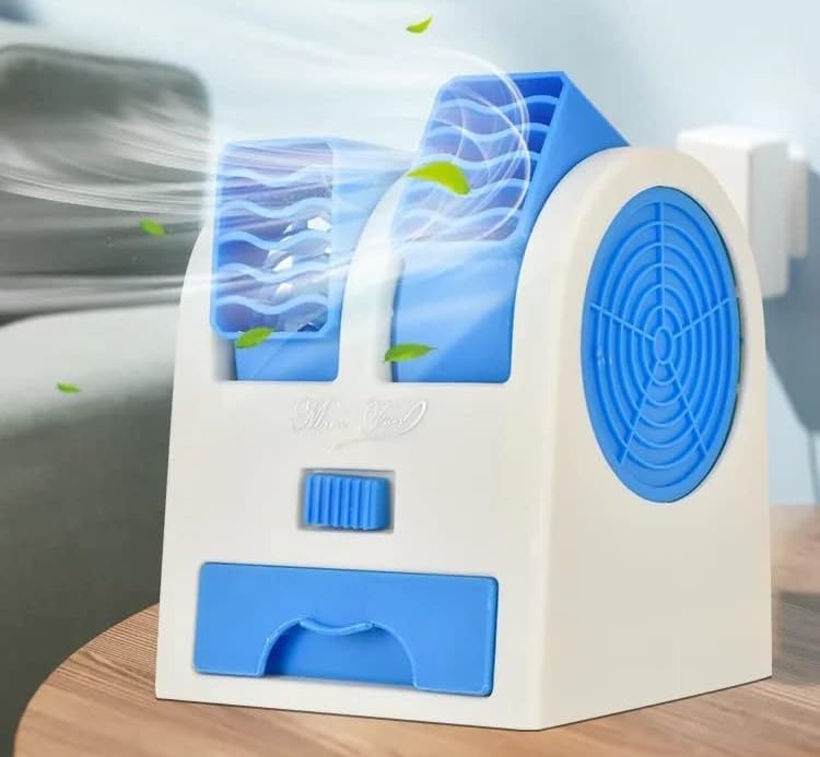 Image of Mini Cooler AC USB and Battery Operated Air Mini Water Air Cooler Cooling Fan Duel Blower with Ice Chamber Perfect for Temple, Home, Kitchen Use (Random Color)