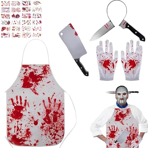 PTBWS Butcher Costume Halloween Pack of 5, Bloody Butcher Apron, Halloween Butcher, Butcher Costume, Bloody Apron for Men, Missing, Adults and Teenagers
