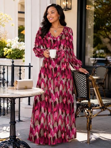 Image of PinkPatty Women's Long Sleeve Maxi Dress Plus Size Trendy Wedding Guest Dress with Pockets&Belt