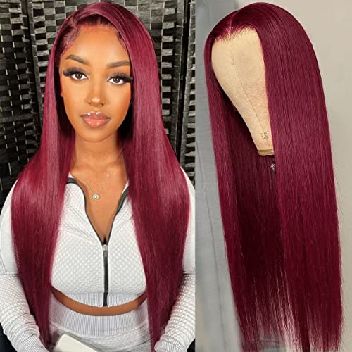 Supernova 99J Burgundy Lace Front Wigs Human Hair 4x4 Lace Closure Long Straight Red Wig Brazilian Virgin Human Hair Pre Plucked With Baby Hair For Black Women 150% Density 22 Inch