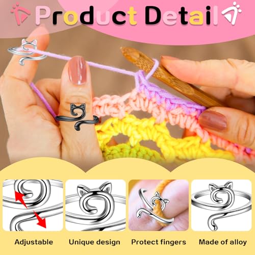 Image of 4PCS Adorable Crochet Rings with 7PCS Cat Stitch Markers and 20PCS Stitch Needle Clip Counter,Adjustable Tension Rings for Finger Accessories and Gadgets,Ideal Yarn Guide Ring Knitting Tools for Women