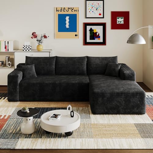 96 L - Shape Boneless Modular Sectional Cloud Couch with Chaise - Modern Comfy Corduroy Compressed couches for Living Room - Memory Foam Sofa No Assembly Required (Black)