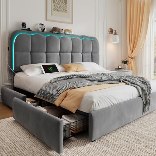 CypBed Queen Size Bed Frame with 4 Storage Drawers & LED Lights, ...