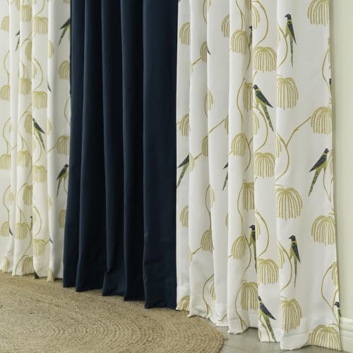 Image of Tranquebar Curtain Co. Window Curtains 5 Feet, 60-65% Room Darkening,Blue Bird Print, Cotton Curtains for Window,Cotton Curtains 5 Feet Set of 3, BackTab Loops, Mithu Green Combo (152 cm) - Set of 3